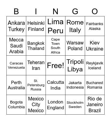 World Cities Bingo Card