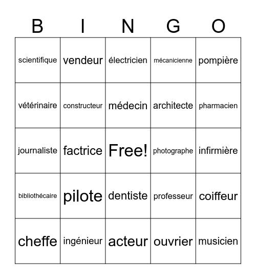 Les métiers (with astronome,accents, some professions in the feminine form) Bingo Card