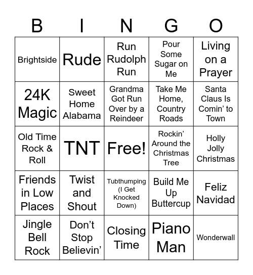 Drunk Uncle Songs Bingo Card