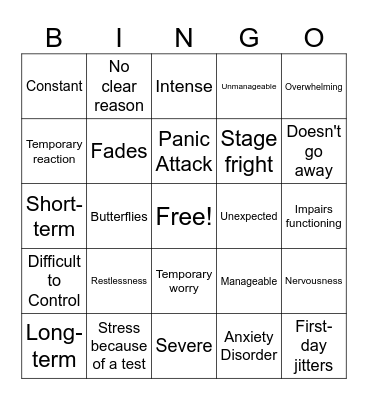 Typical Anxiety OR Persistent Anxiety Bingo Card