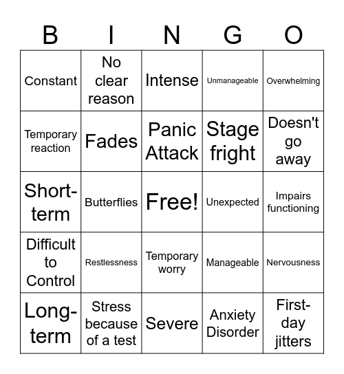 Typical Anxiety OR Persistent Anxiety Bingo Card