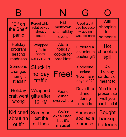 Holiday Family Chaos Bingo Card
