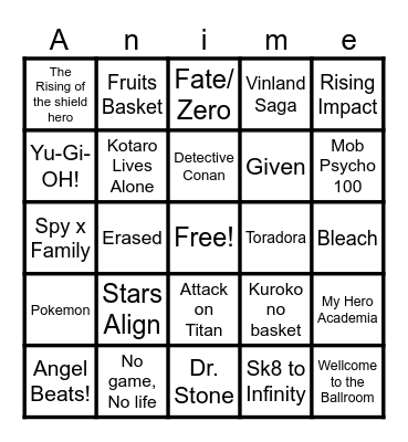 Anime Bingo Card