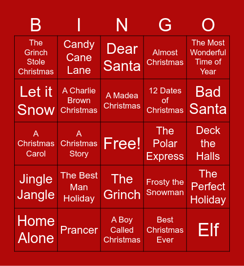Holiday Movie Bingo Card