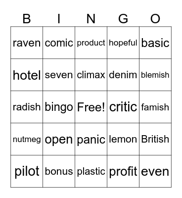 Open and Closed Syllables Bingo Card