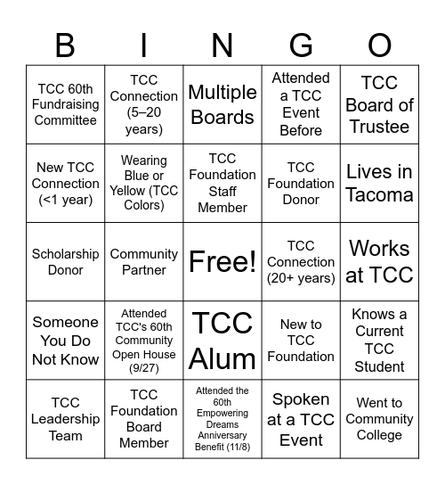 Tacoma Community College Bingo Card