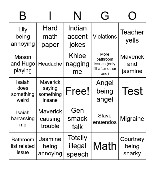 Math class Bingo Card