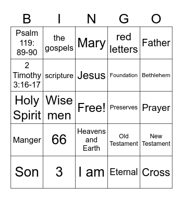 Sunday School Bingo Card