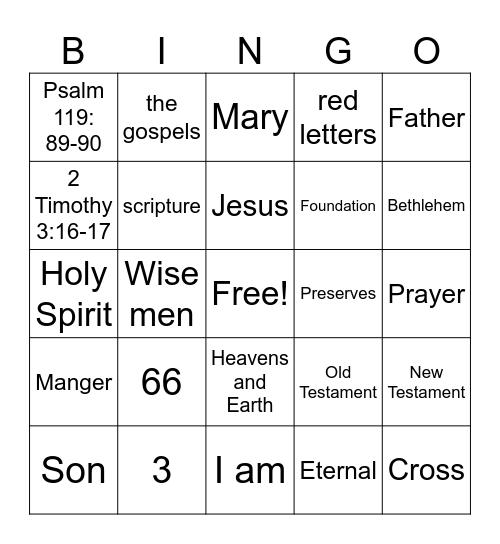 Sunday School Bingo Card