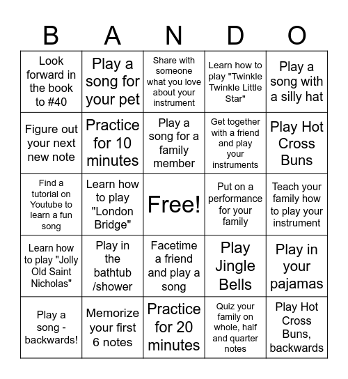 Beginner Band Bingo Card
