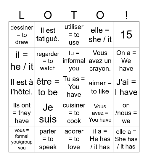avoir, être -er verbs 2026 Bingo Card