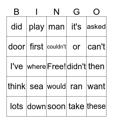 Sight Words Bingo Card