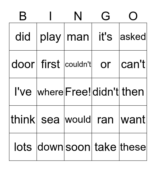 Sight Words Bingo Card