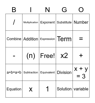 Math Vocabulary Bingo Card