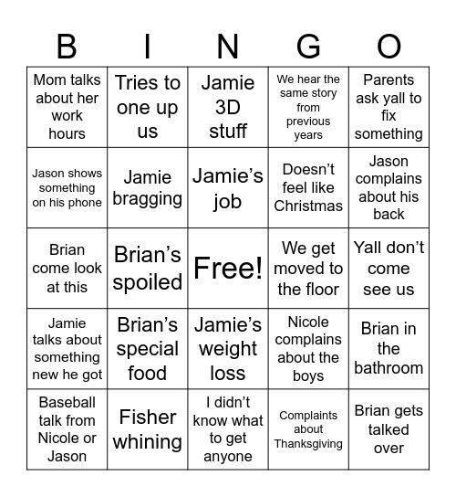Family Bingo Card