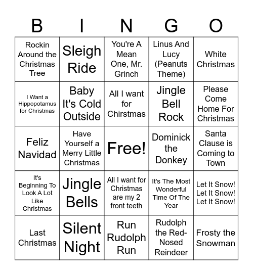 Holiday Singo Bingo Card