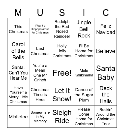 Christmas Songs Bingo Card