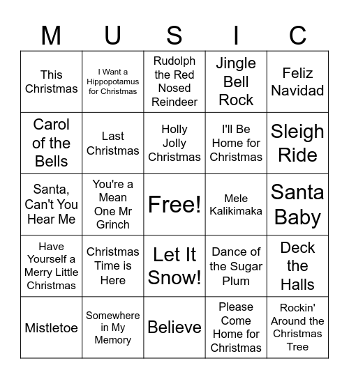 Christmas Songs Bingo Card
