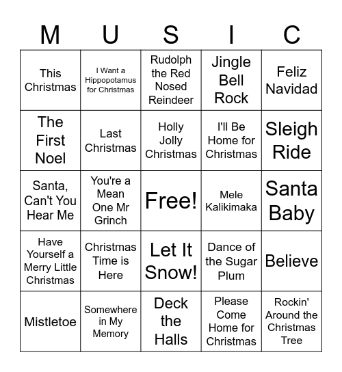 Christmas Songs Bingo Card