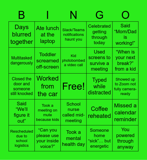 Working-Parent Work-Chaos Bingo Card