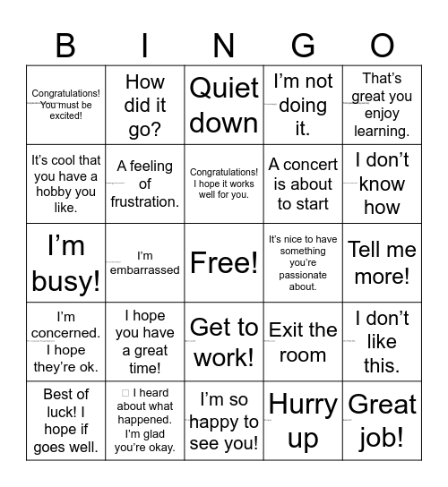 Responding to Situations Bingo Card