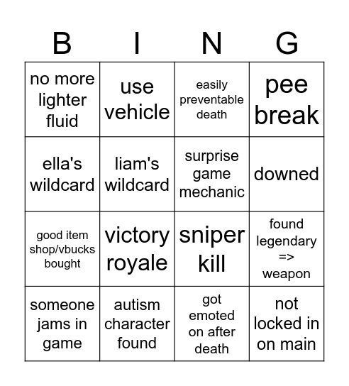 Fortnite Bingo Card