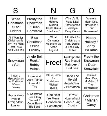 Family Time SINGO Bingo Card