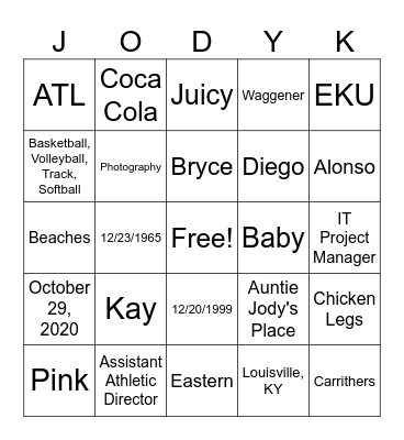 Jody's 60th Birthday Bingo Card