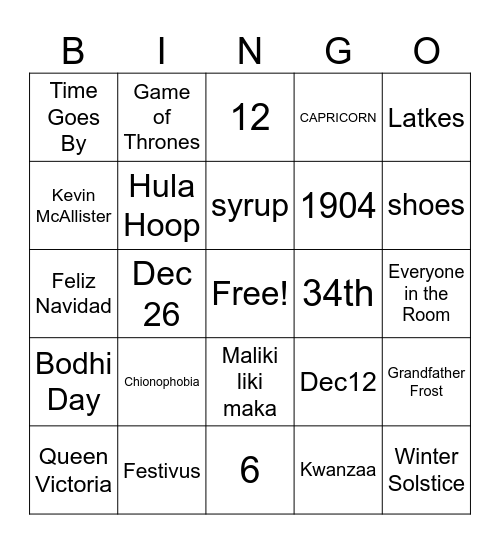 Holiday Trivia Bingo Card