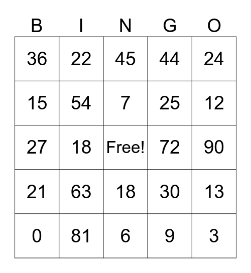 Multiplying By 9, 5, and 3 Bingo Card