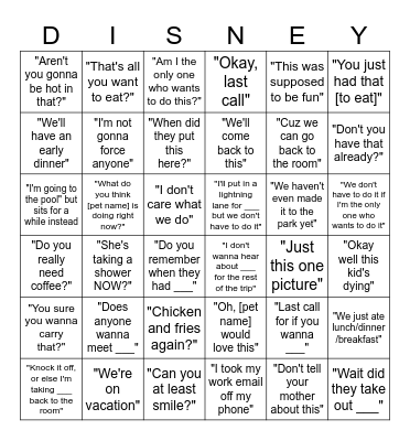 Disney Trip "Common Phrases" Bingo Card