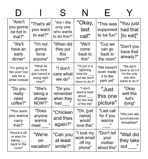 Disney Trip "Common Phrases" Bingo Card