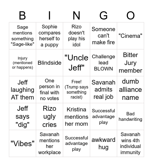 Survivor Bingo Card