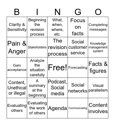 BUS 1100 Bingo Card