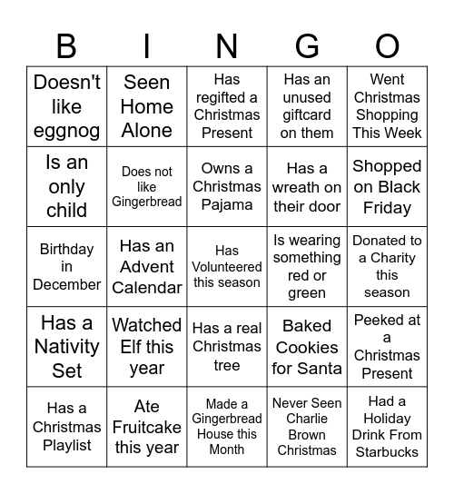 Family Christmas Bingo Card