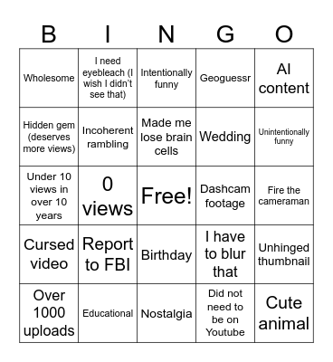 Youtube Bingo Card