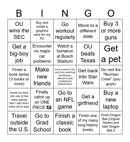 Cale's 2026 Bingo Card Bingo Card