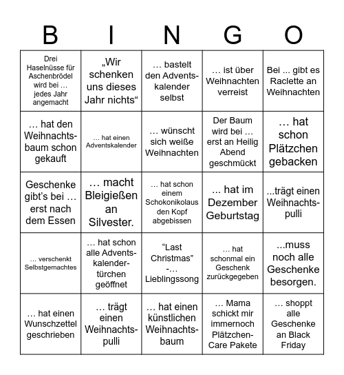 Weihnachts Bingo Card