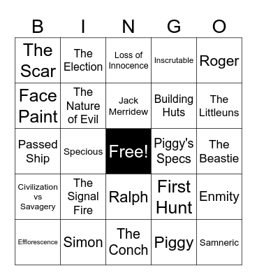 Lord of the Flies Ch. 1-4 Bingo Card