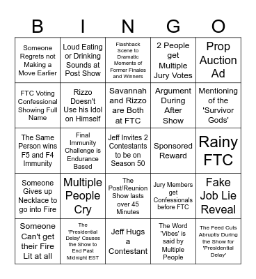 Survivor 49 Finale Bingo Card