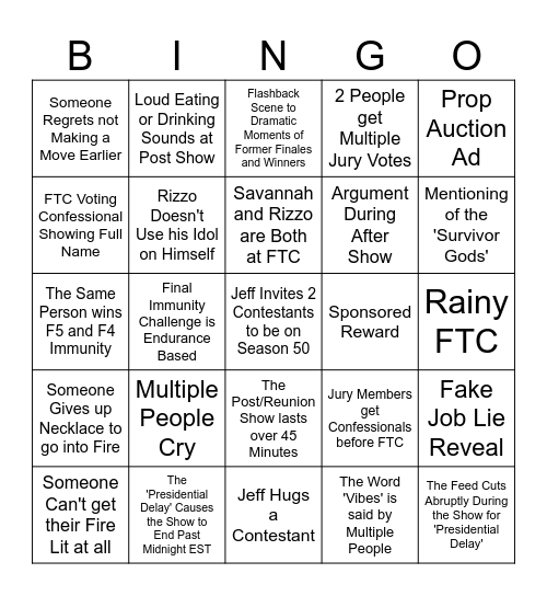 Survivor 49 Finale Bingo Card
