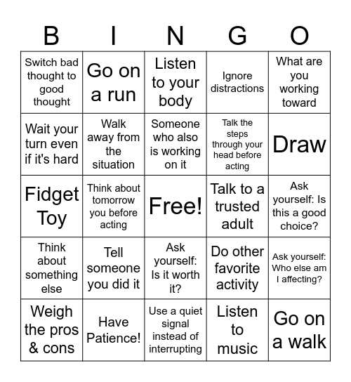 Impulse Control Bingo Card