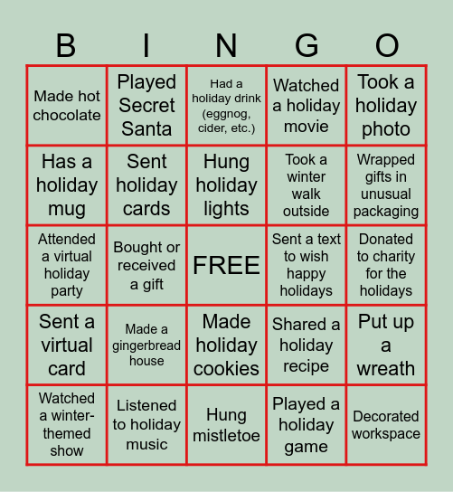 AFH Holiday Party Bingo Card