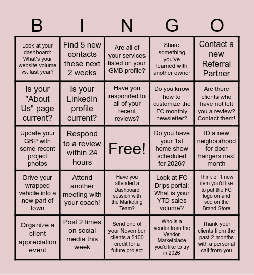 Fresh Coat Marketing BINGO Card