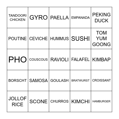 World Food Bingo Card