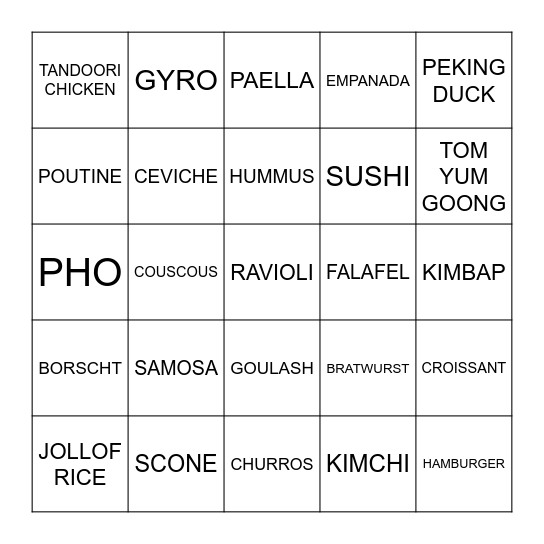 World Food Bingo Card