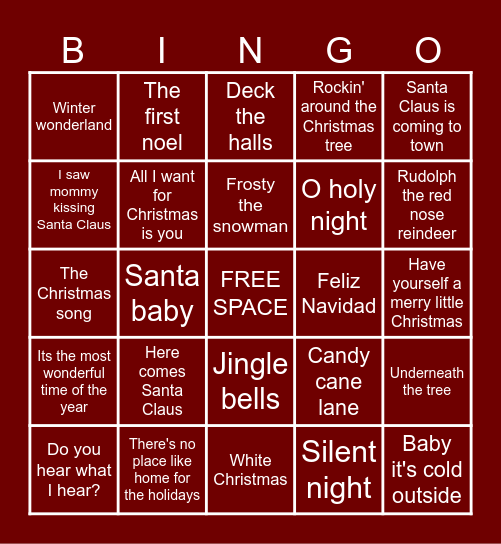 Christmas Songs Bingo Card