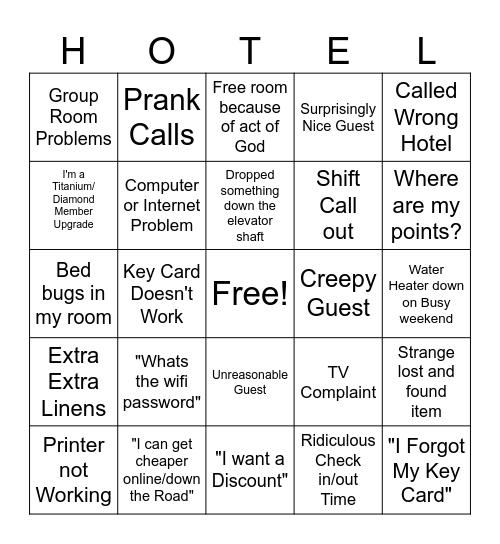 Hotel Bingo Card