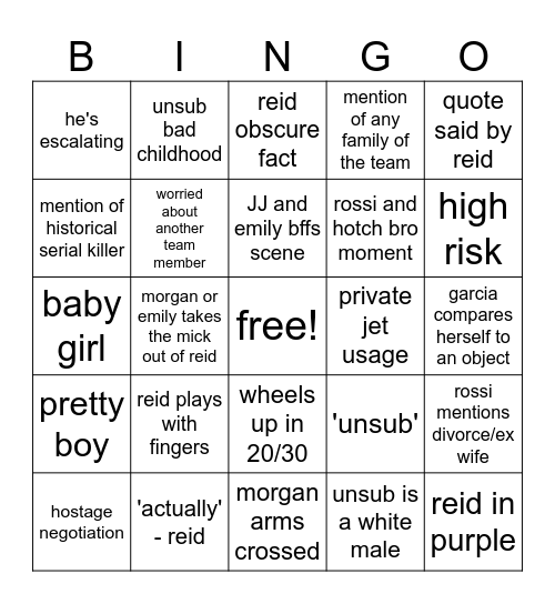Criminal Minds Bingo Card