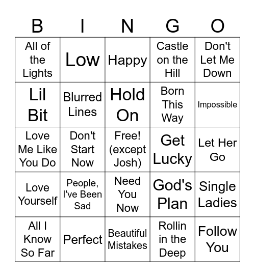21st Century Songs Bingo Card